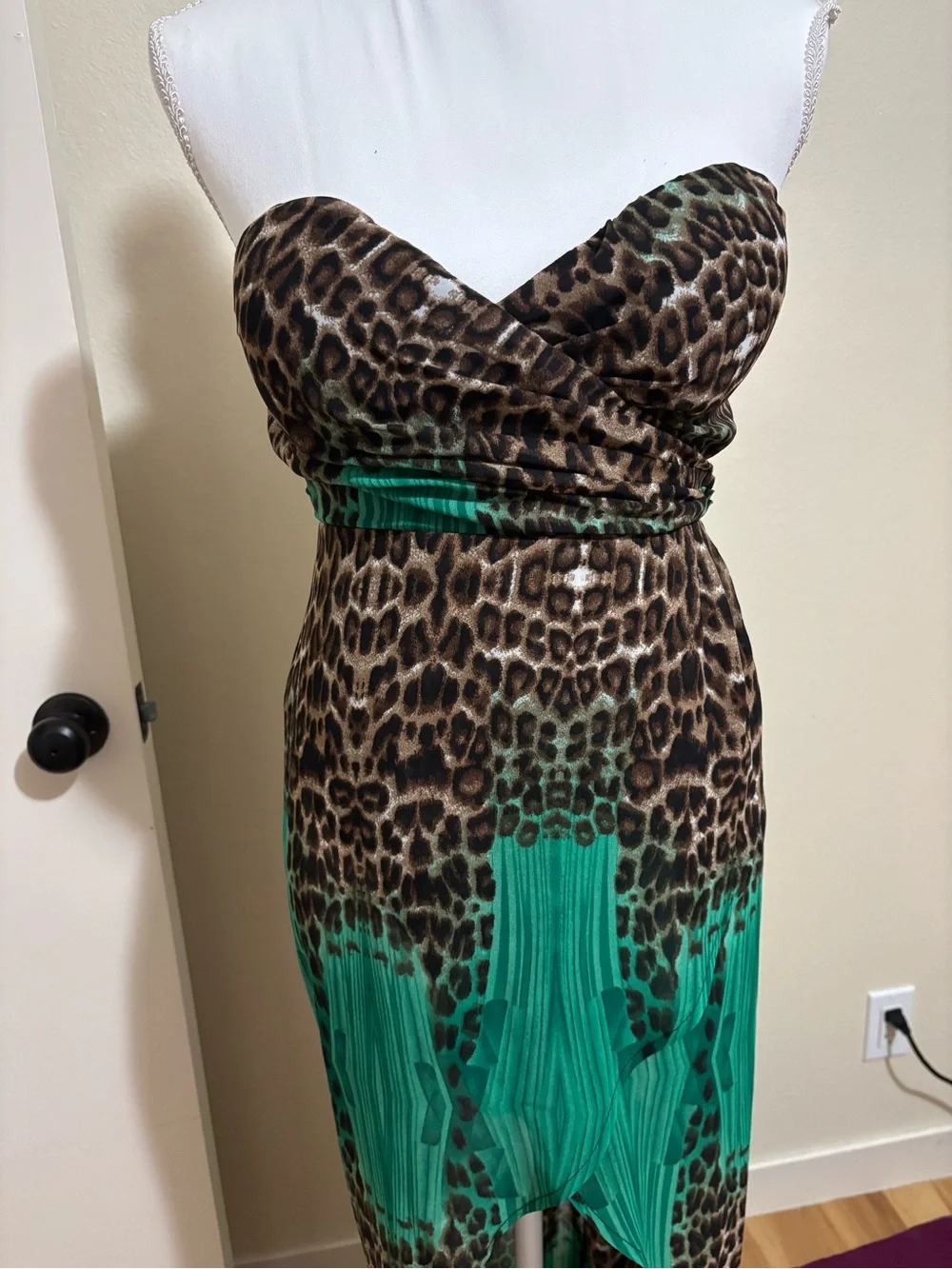 Leopard Print Strapless High-Low Maxi Dress with Green Panels